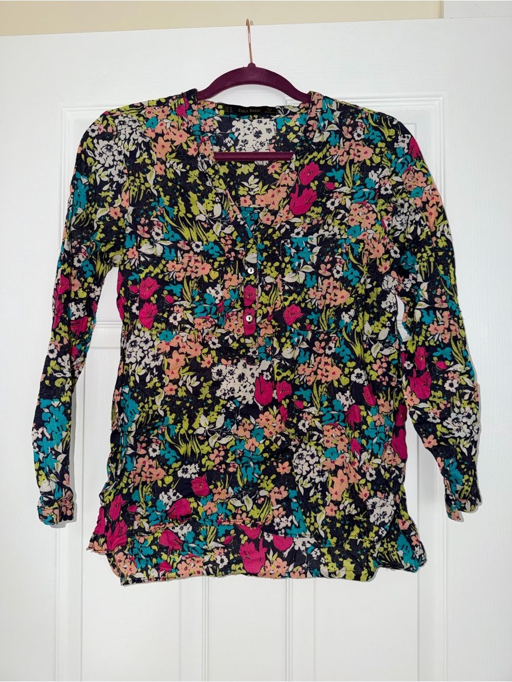 Zara Black Floral V-Neck Tunic with Pink, Teal and Peach Accents